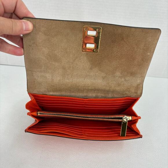 Michael Kors Bancroft Pebbled Calf Leather Wallet Orange Gold Tone Lock - Picture 9 of 16